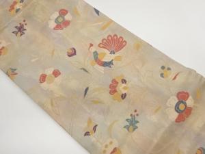 長谷川織物製　花唐草に鳥模様織出し名古屋帯